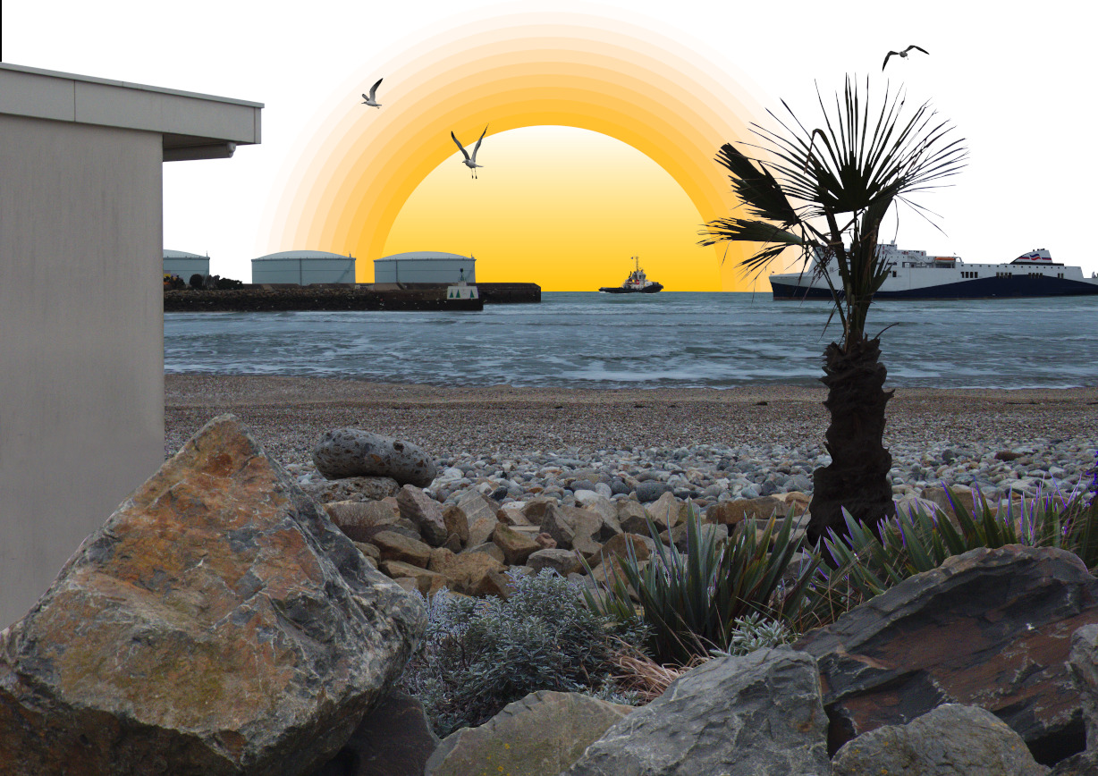 Montage représentant un coucher de soleil réalisé à partir de divers éléments photographiques pris au Havre en janvier 2019 et servant de modèle à l'installation