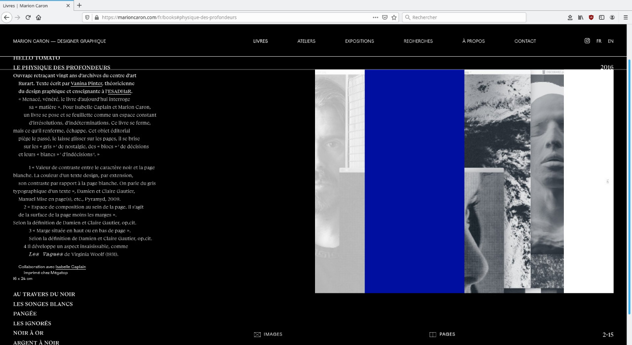 Page Projets du site de Marion Caron en mode Pages (scans)