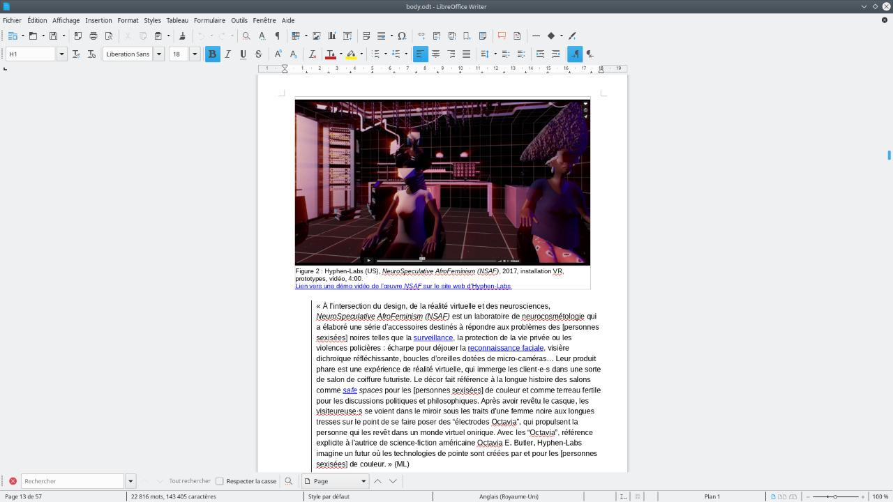 Capture et descriptif de l'installation en réalité virtuelle NeuroSpeculative AfroFeminism (NSAF) d'Hyphen-Labs sur LibreOffice, qui immerge l'utilisateurice dans un salon de coiffure afro en 3D