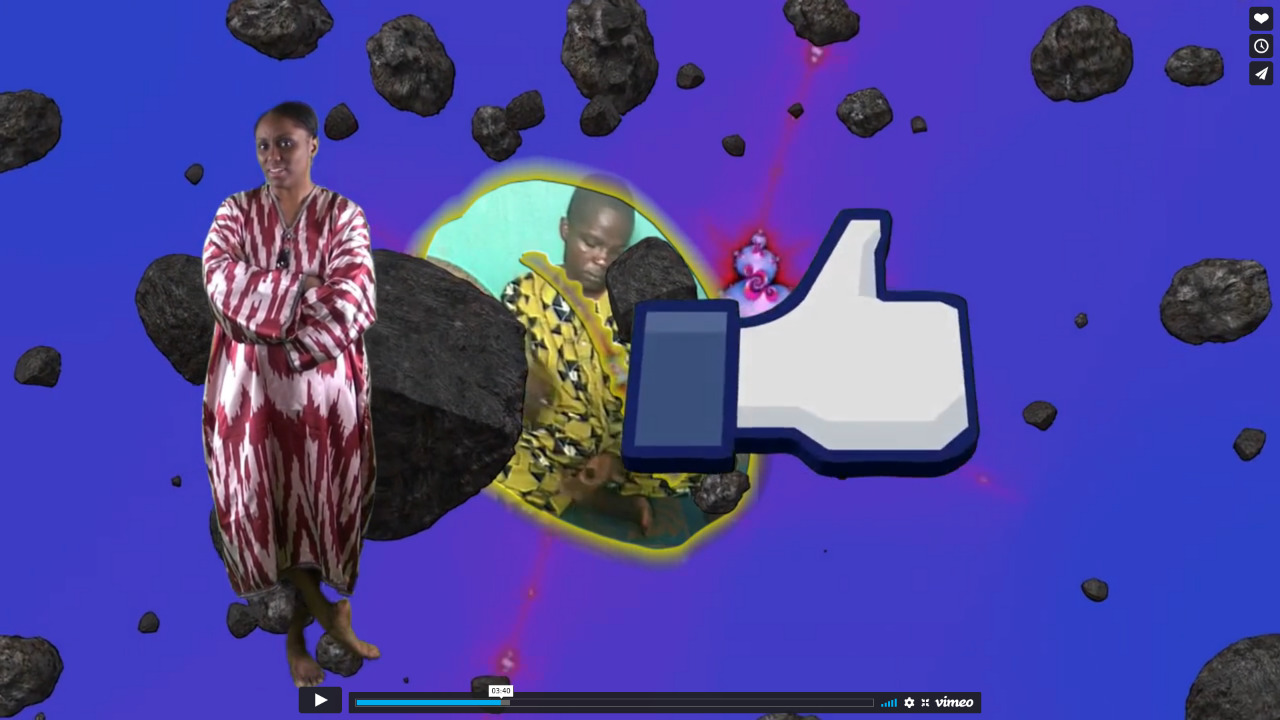 Image 3 : Incrustation de personnes dans un arrière-plan où gravitent des roches et un pouce Facebook géant