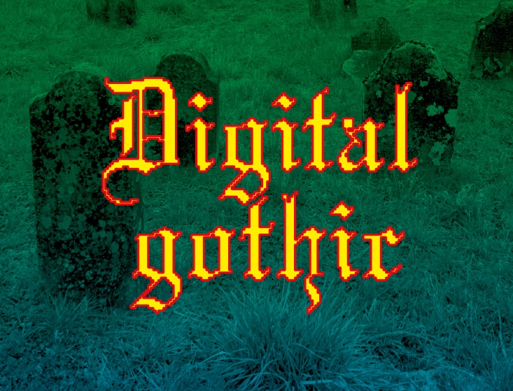 Image 1 : Visuel de l'exposition Digital Gothic avec texte style Fraktur pixelisé et photographie d'un cimetière