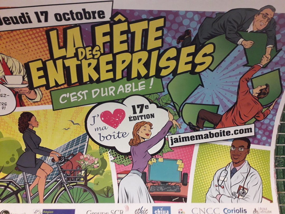 Image 2 : Affiche de métro titrée La fête des entreprises, c'est durable accompagnée de l'url jaimemaboite.com