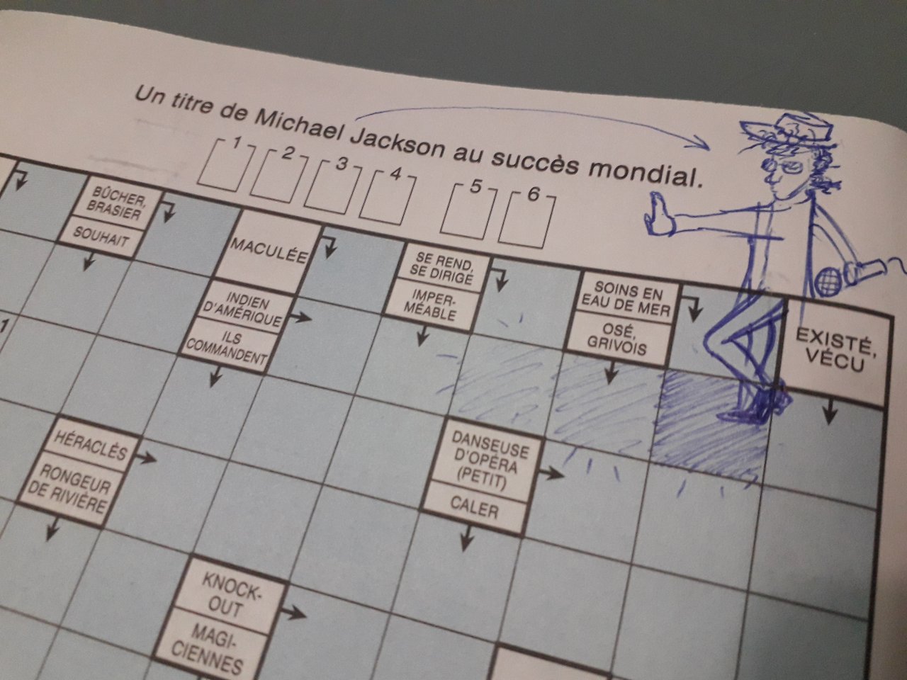 Image 5 : Détail d'un cahier de mots fléchés sur lequel a été dessiné Mickael Jackson glissant sur les cases comme il le fait sur des dalles dans le clip de Billie Jean