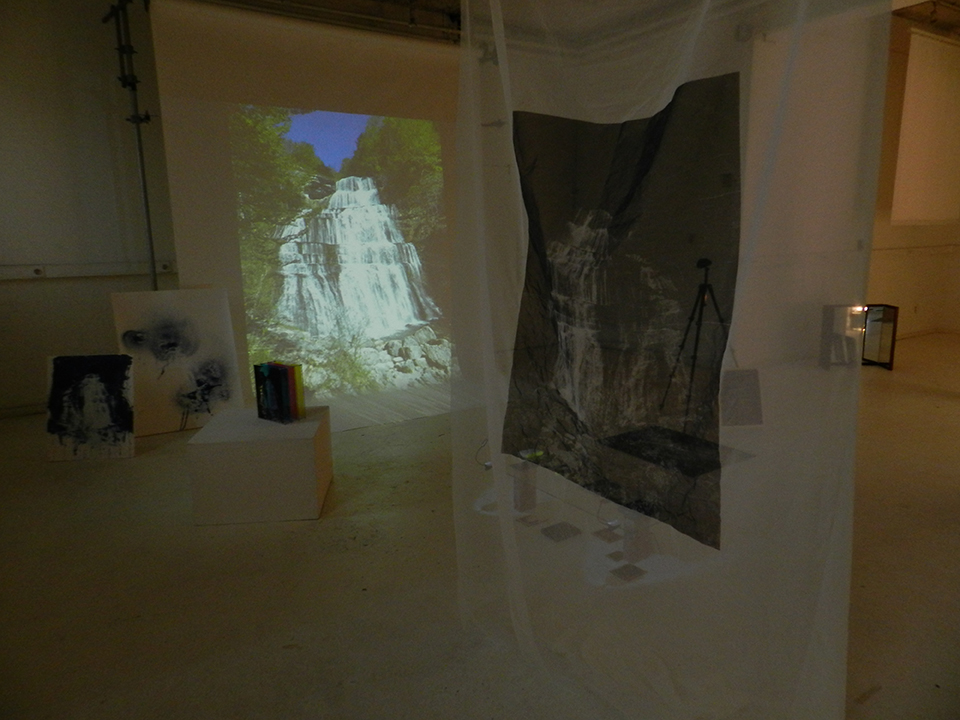 Silkscreen on voile, silkscreen on Plexiglas, cyanotypes and photo wall projection (back view 2)