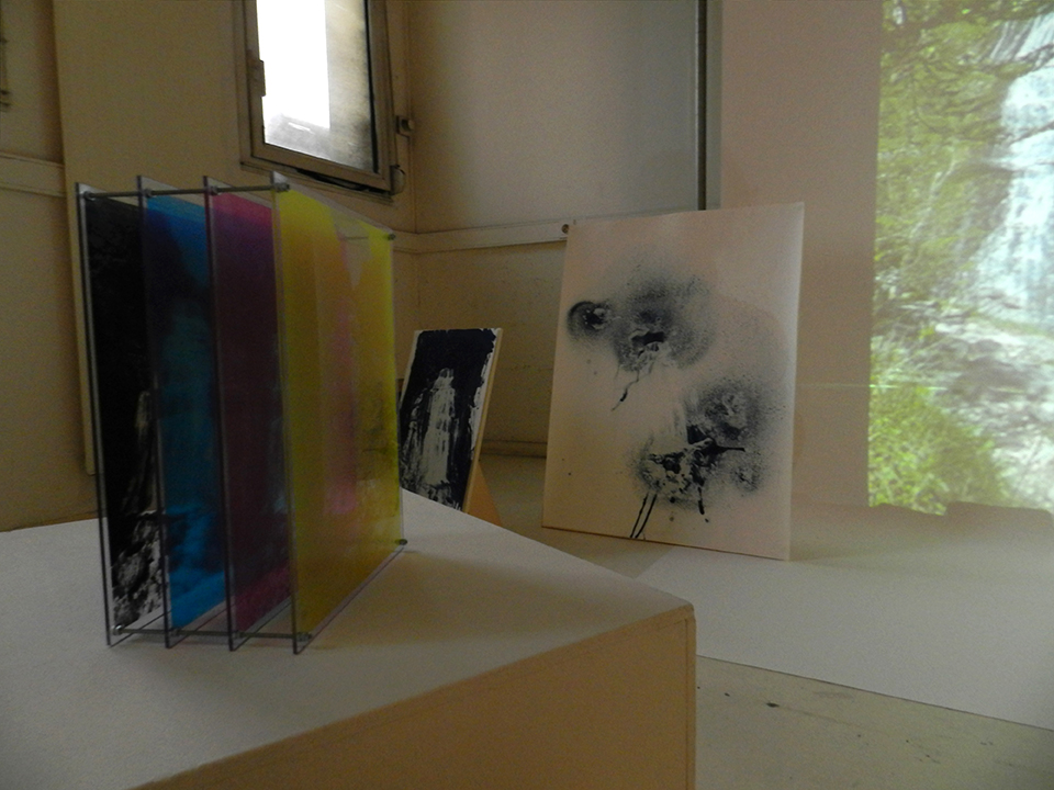 Silkscreen prints on Plexiglas assembled with threaded rod (side view) and cyanotypes in background
