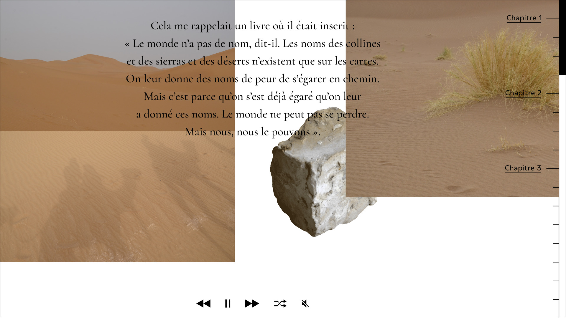 Capture of the Une matiere du present website presenting a travelling including texts, sounds and images