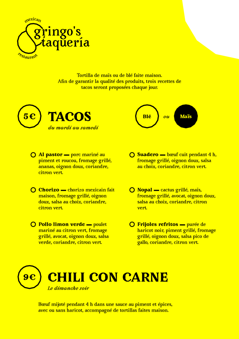 Menu avec tacos et chili