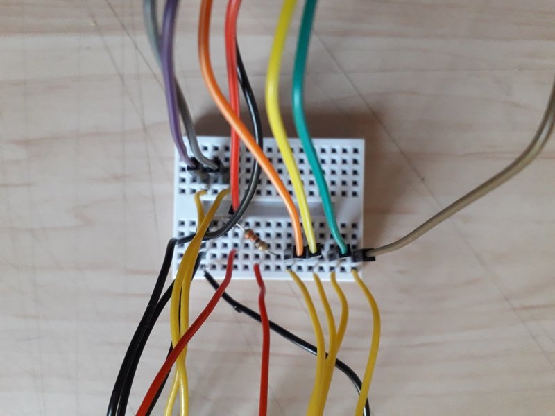Photograph of cables and resistor assembly on a breadboard