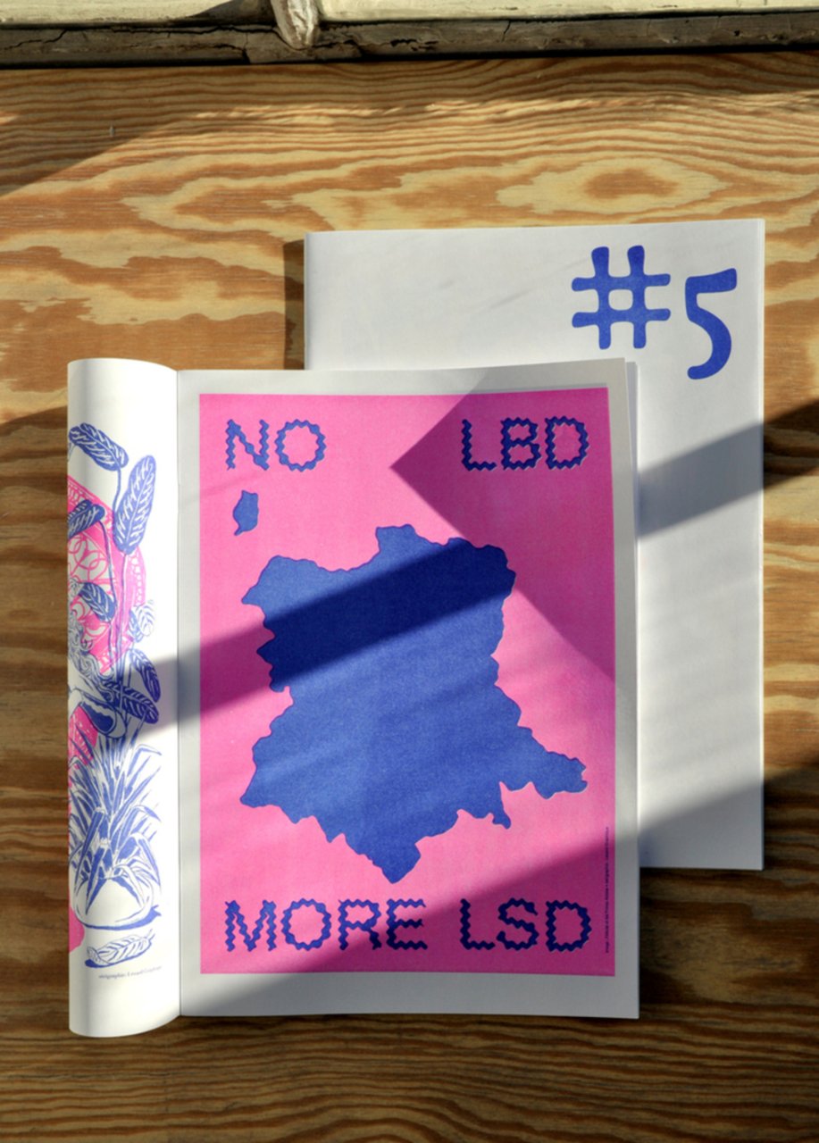 Photographie d'une illustration représentant la carte de France renversée accompagnée de la mention No LBD More LSD et couverture recto