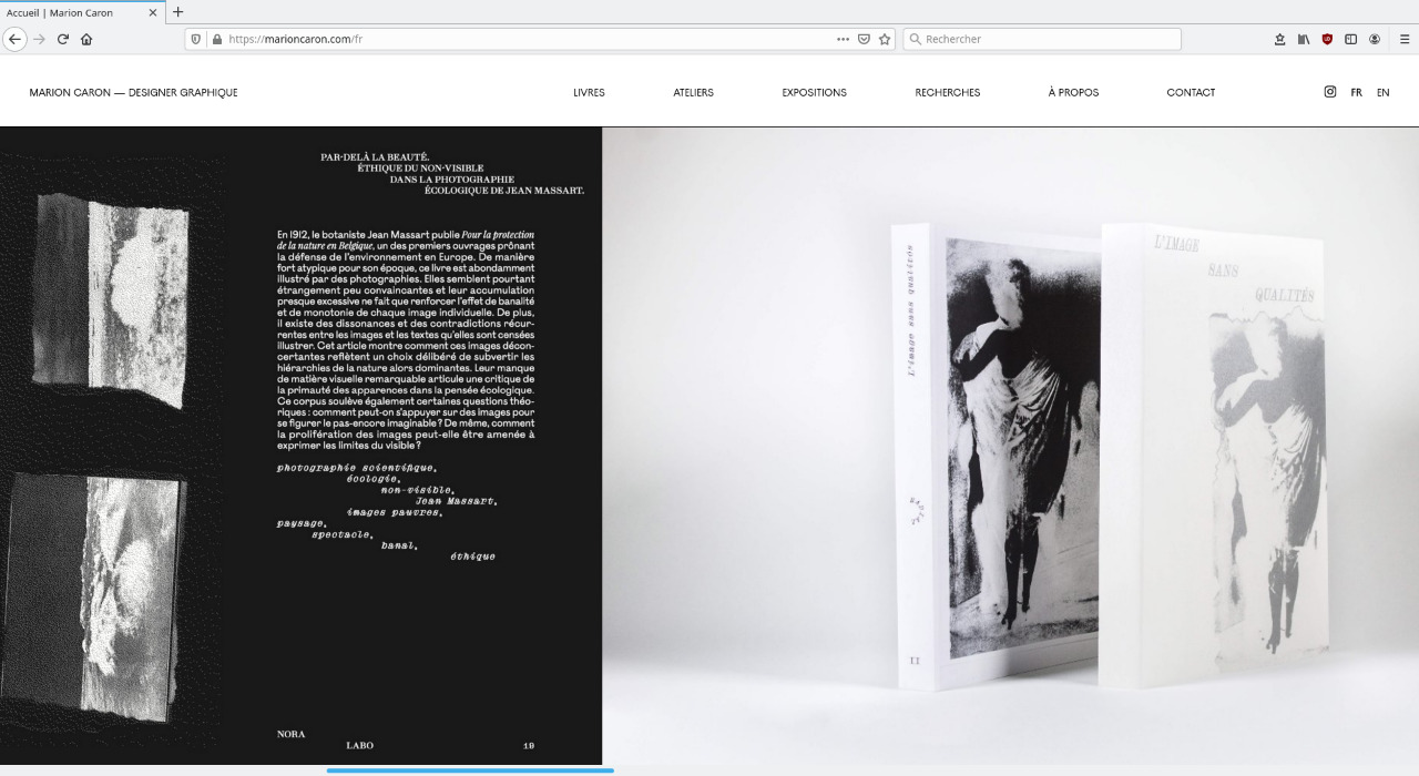Page d'accueil du site de Marion Caron présentant une galerie d'images latérale