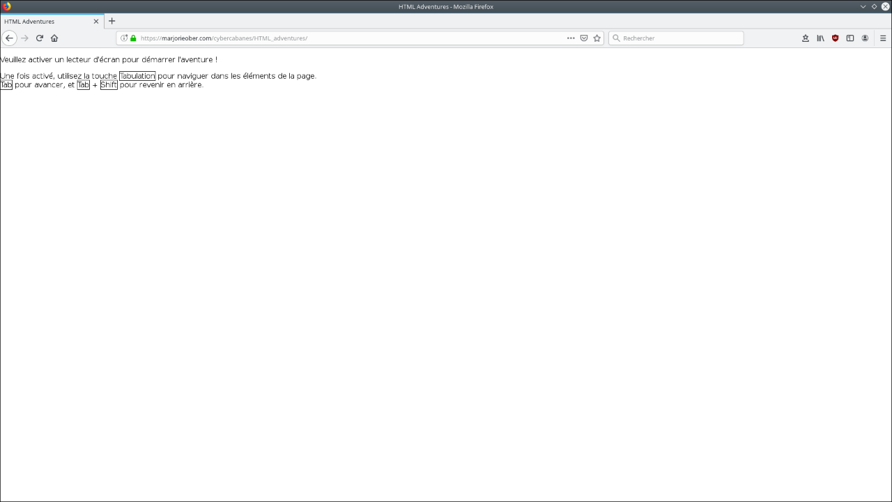 Cybercabane HTML Adventures, qui propose d'explorer une image via un lecteur d'écran (page d'accueil du jeu)