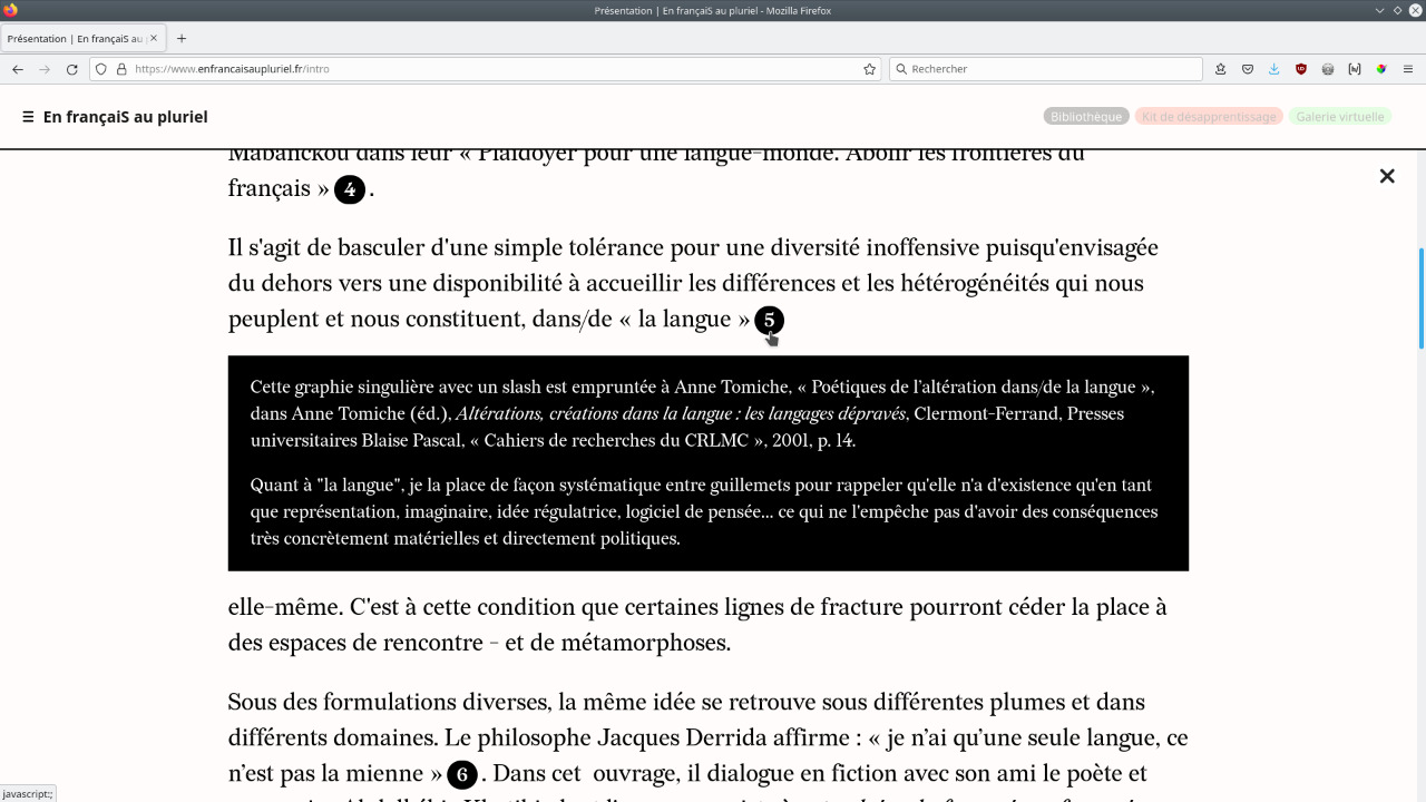 Capture of En françaiS au pluriel website presentation text
