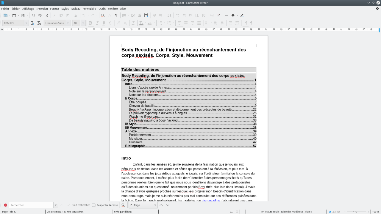 Table des matières du texte sur Libreoffice