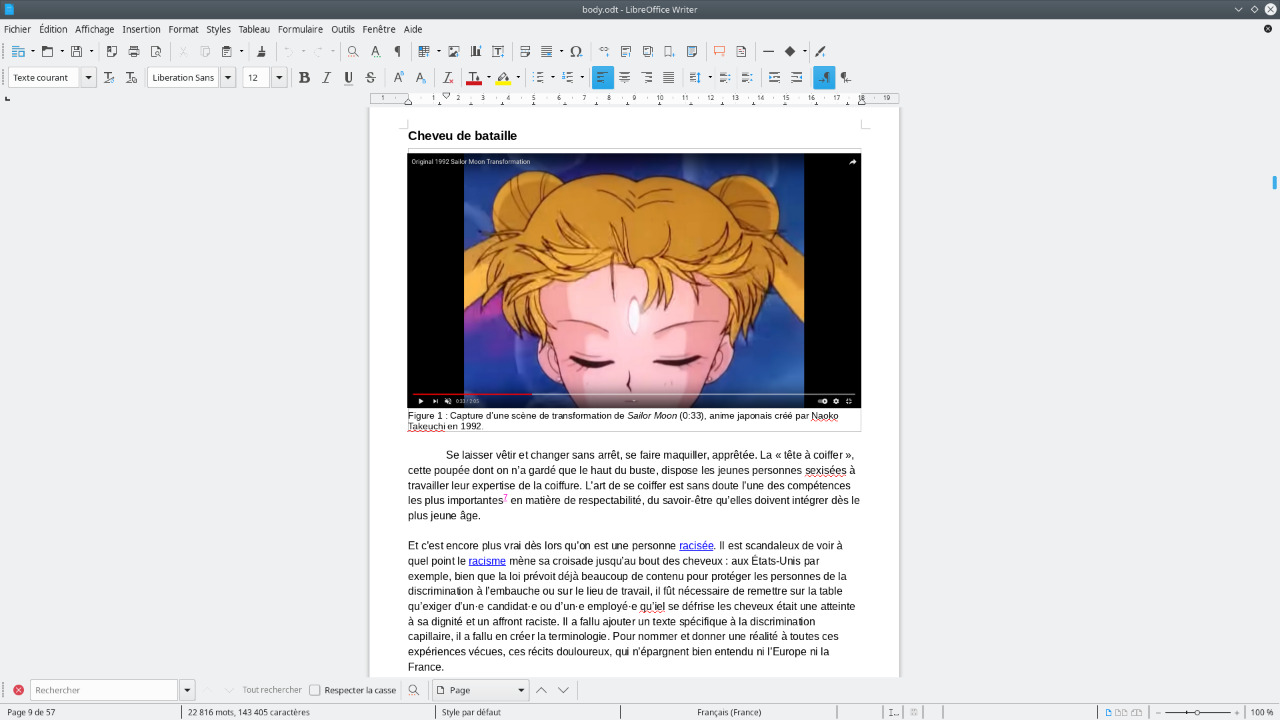 Chapitre Cheveu de bataille sur Libreoffice, dans lequel on voit un gros plan des cheveux de Sailor Moon en pleine transformation