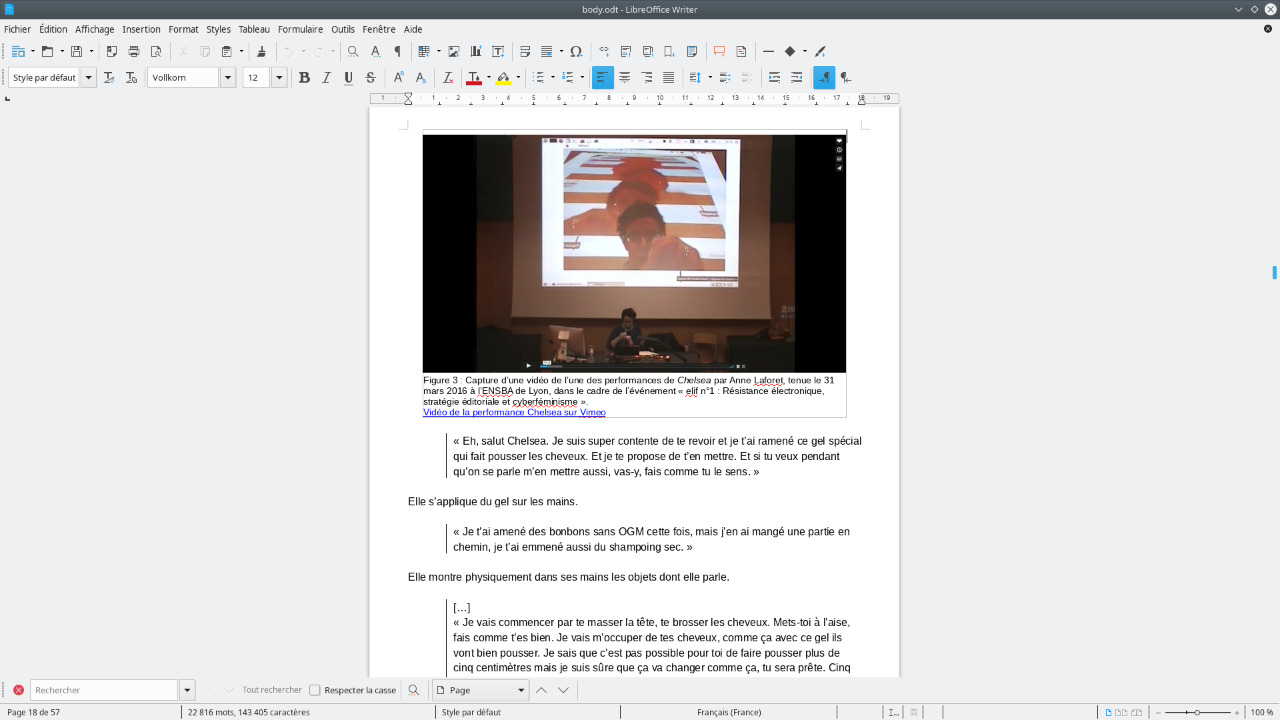 Capture et descriptif de la performance Chelsea d'Anne Laforet sur LibreOffice, qui relate le parcours humain et politique de vétérane de guerre, de femme transgenre et de lanceuse d’alerte de Chelsea Manning