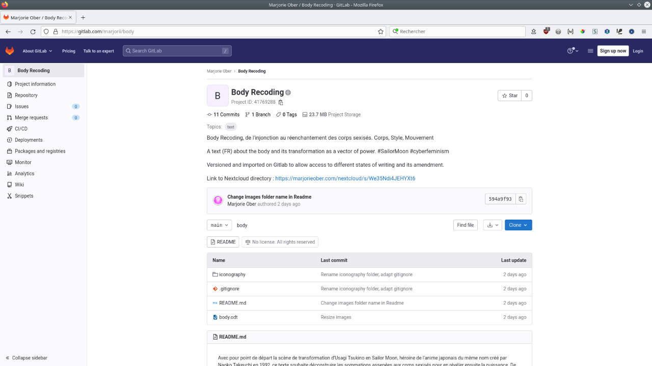 Capture du dépôt Gitlab dedié au texte et à ses différentes versions