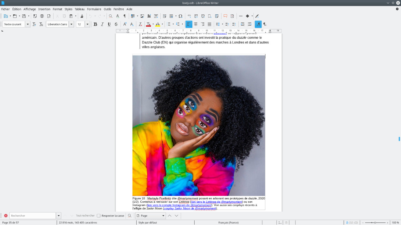Capture and description of a make-up camouflage by make-up artist @martymoment on LibreOffice