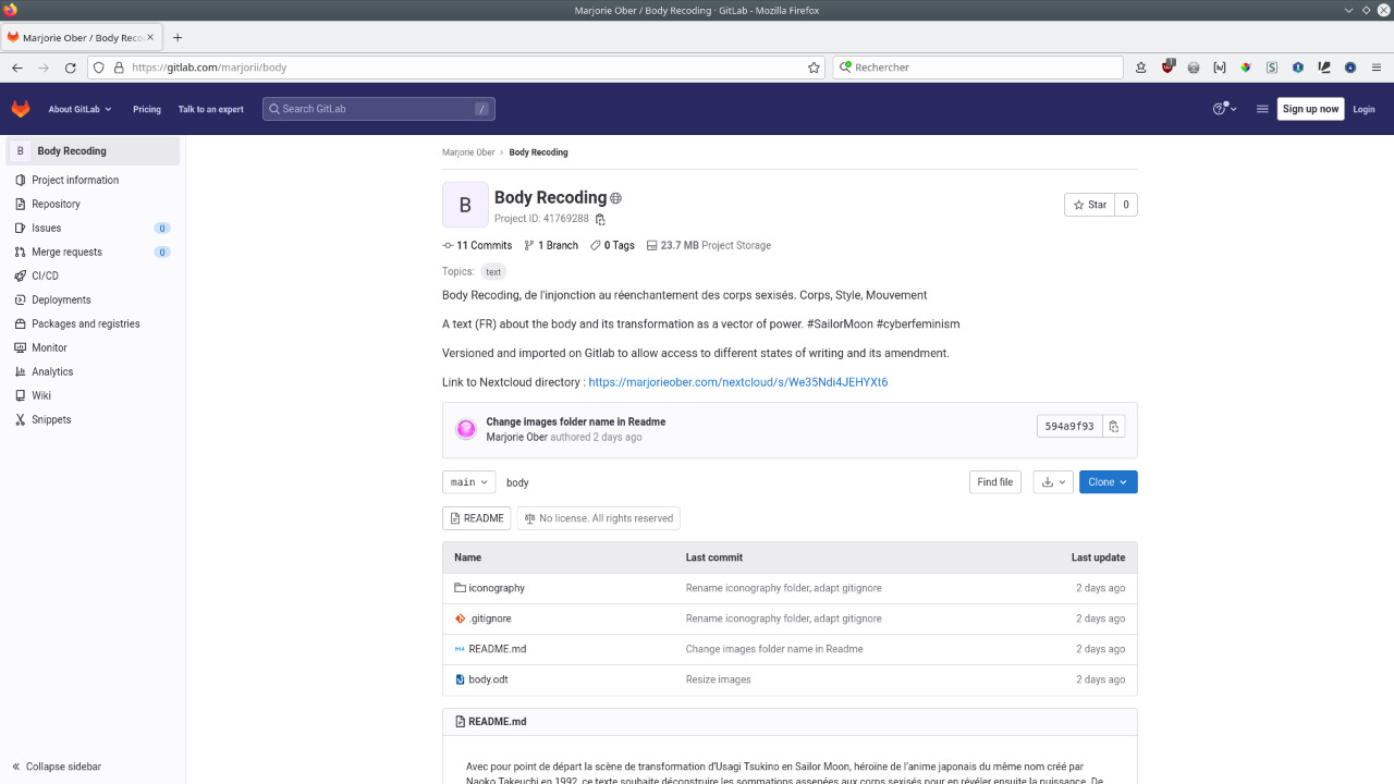 Capture of the Gitlab repository dedicated to the text and its various versions