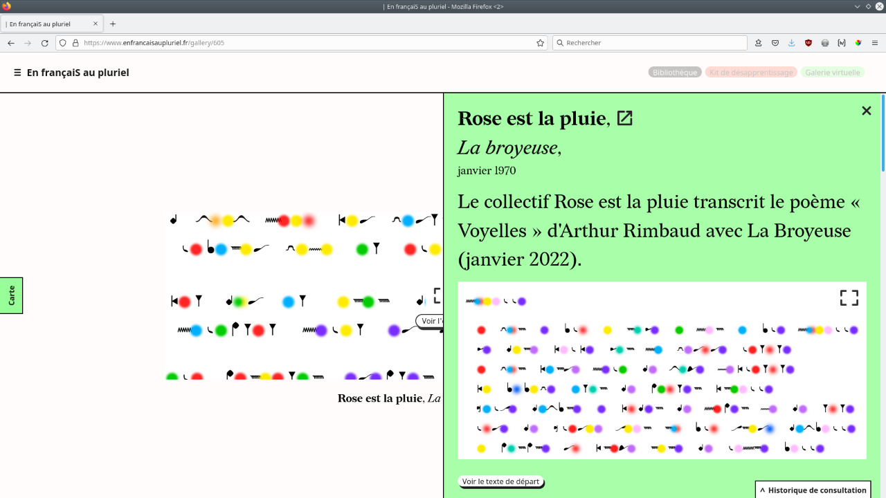 Galerie numérique (page d'une oeuvre et fenêtre d'infos déployée)