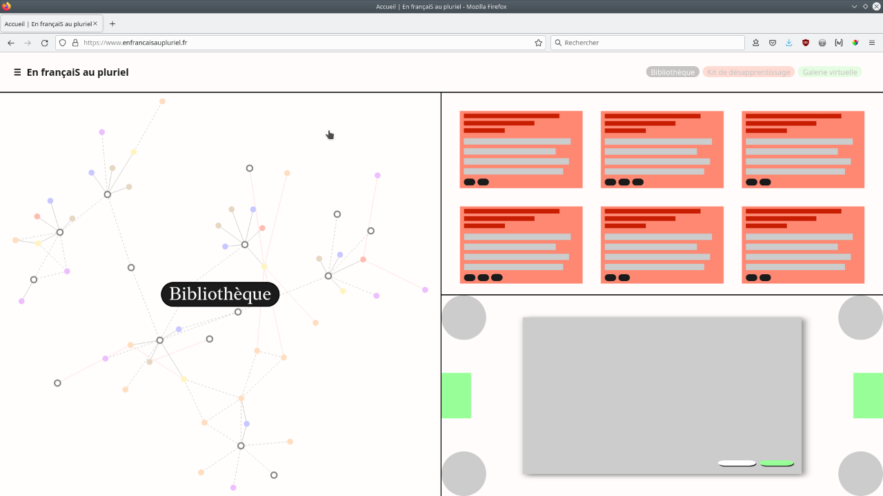 Page d'accueil du site présentant la bibliothèque de textes, le kit de désapprentissage et la galerie numérique