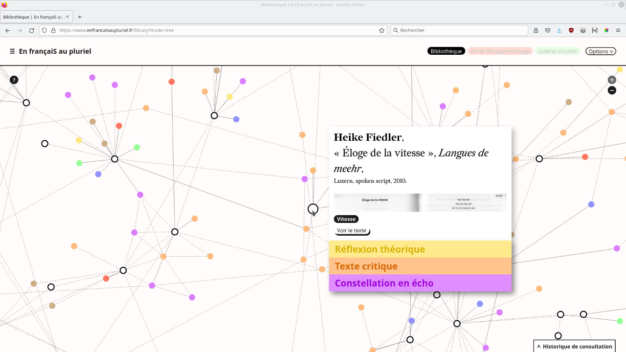 Capture du site En françaiS au pluriel en mode arborescent reliant des noeuds de textes (vue de détail d'un cartel de texte)