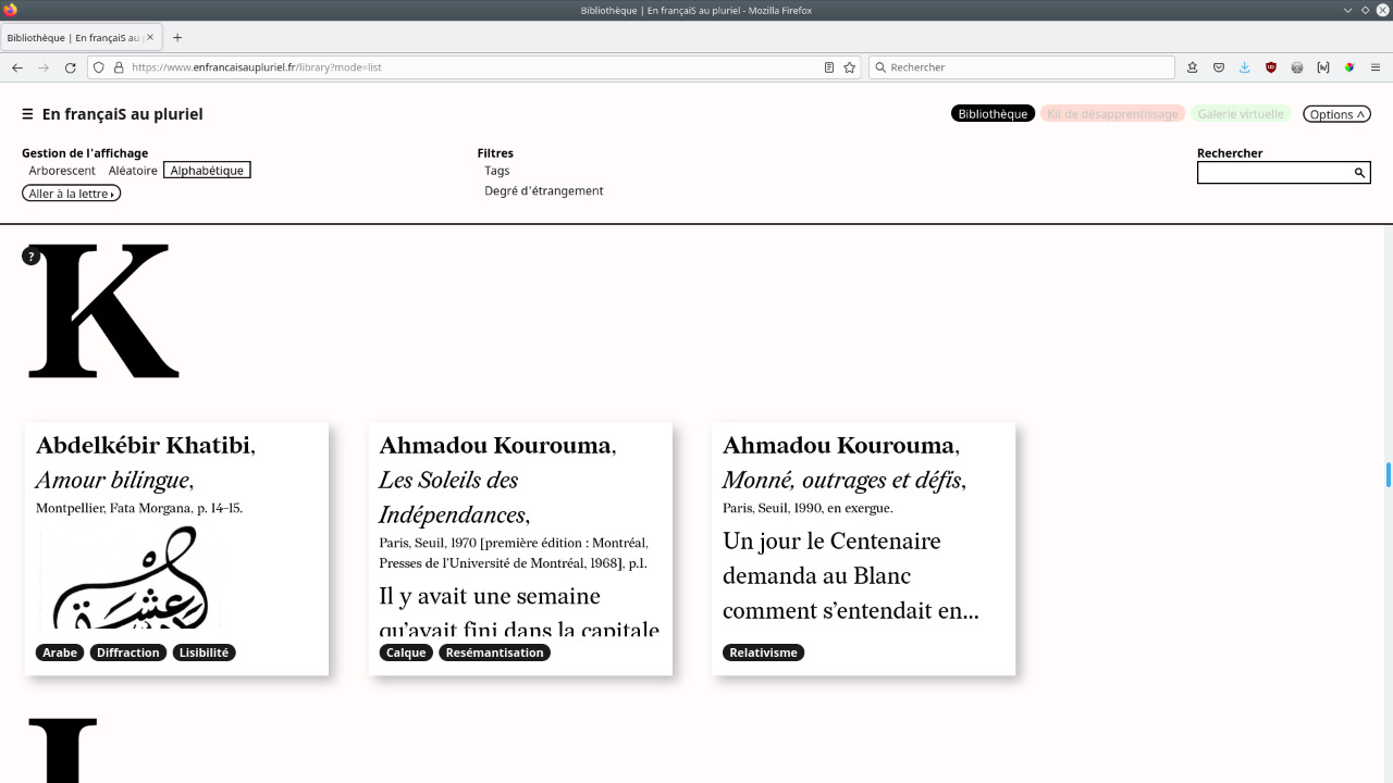 Mode alphabétique ordonnant les cartels de textes (lettre K)