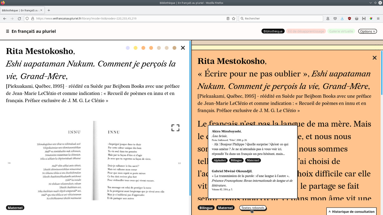 Double page avec liste de textes rebonds déployée