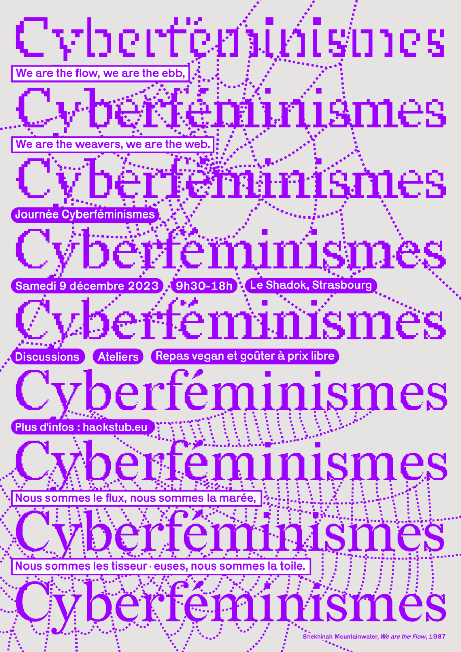 Affiche sur les Cyberféminismes avec un jeu de toiles d'araignée