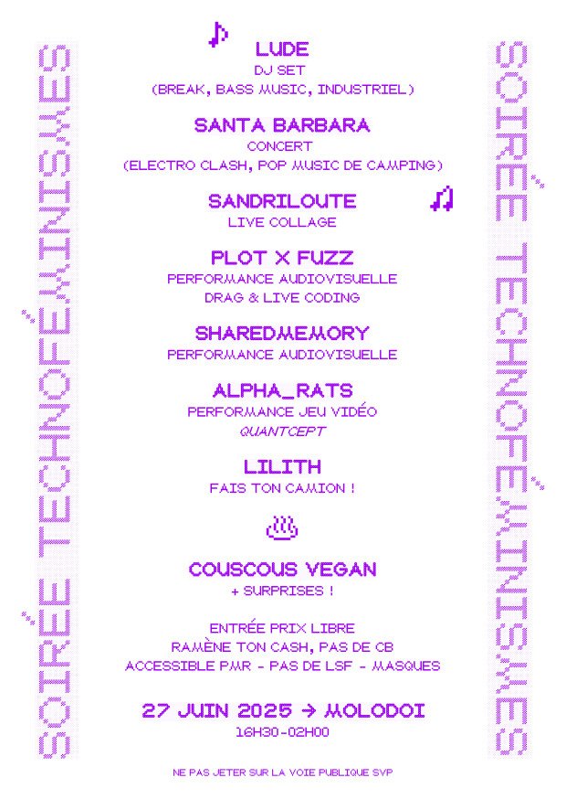 Reverse side of the flyer, featuring the program in purple on a white background