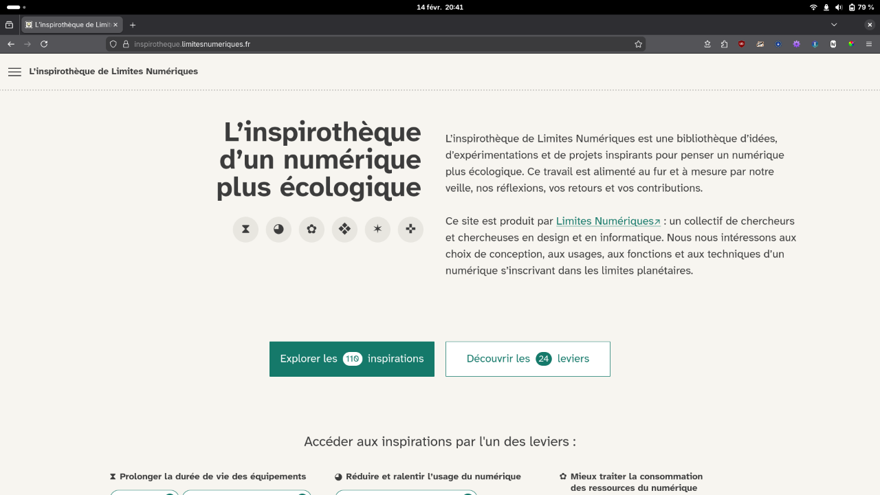 Screenshot of the Limites Numériques's Inspirothèque home page