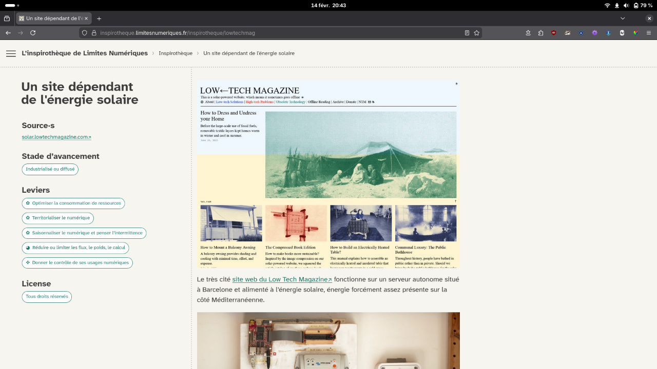 Project page about the Low-Tech Magazine website on the Inspirothèque