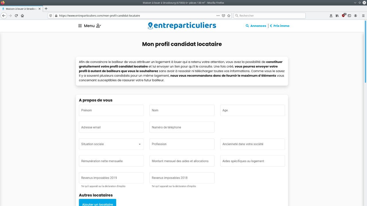 Image 1 : Formulaire Mon profil candidat locataire sur le site entreparticuliers.com (vue 1)