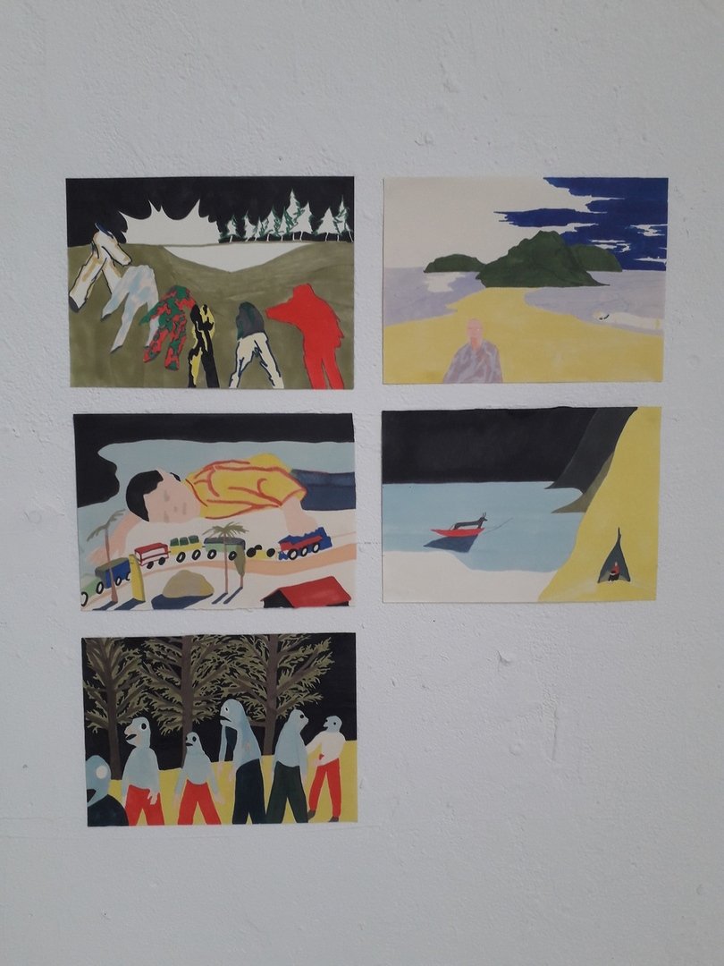 Série de dessins au feutre représentant des paysages insulaires et des personnages dans différentes situations (vue 1)