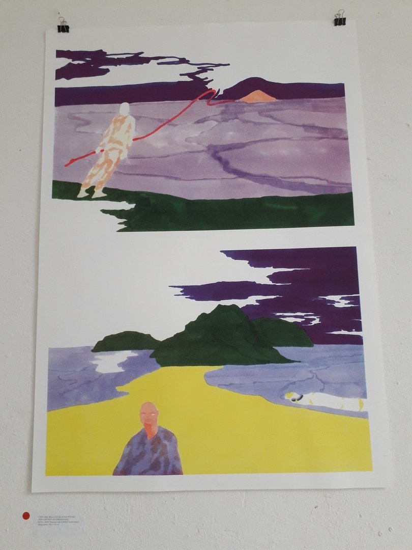 Image 33 : Vue de détail d'un dessin représentant des îles en mer et un personnage s'en approchant