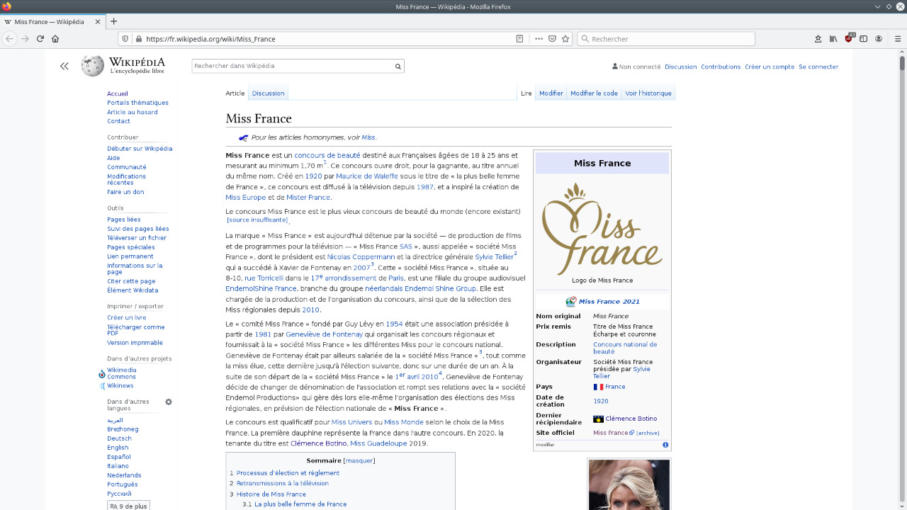 Capture de la page Wikipédia Miss France
