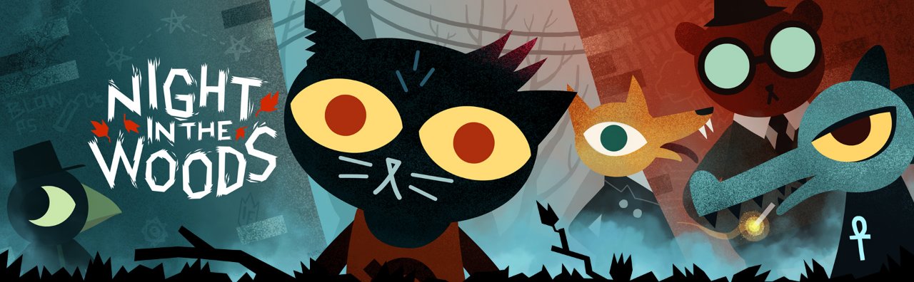 Image 1 : Visuel du jeu Night in the woods représentant Mae entourée de ses ami⸱e⸱s