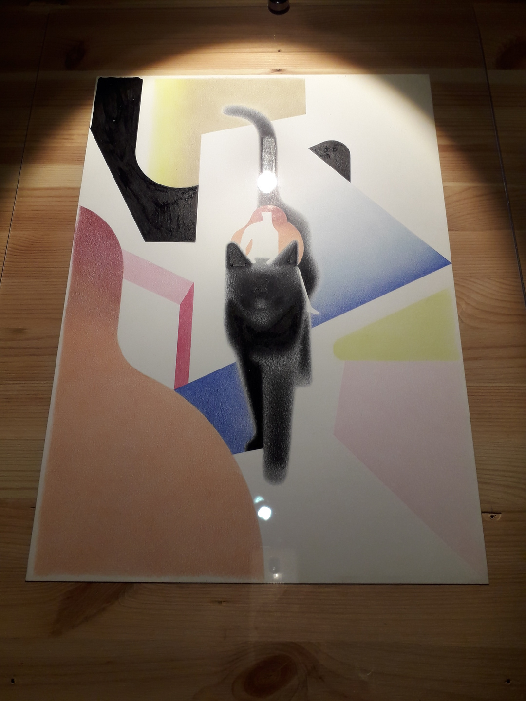 Illustration d'un chat avec des formes géométriques et des dégradés exécuté aux crayons de couleurs