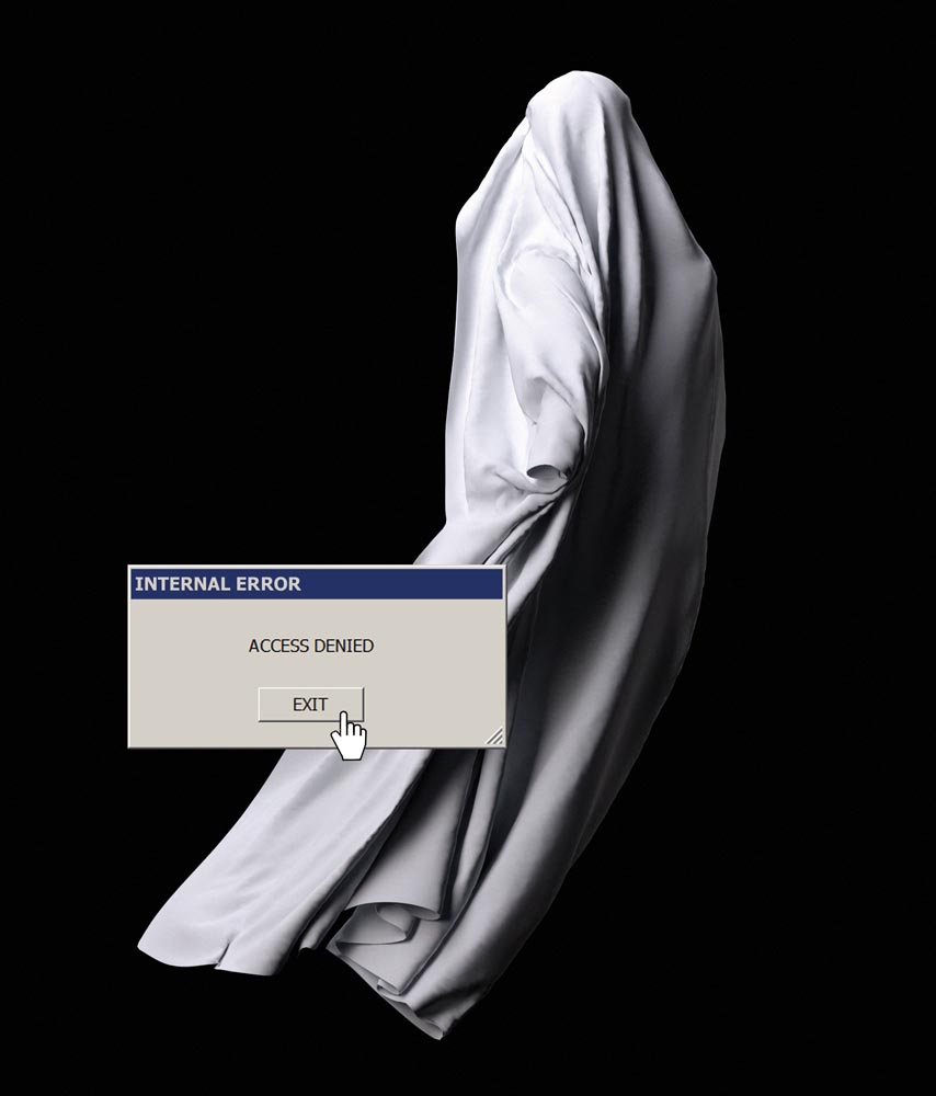 Personnage caché sous un drap à l'image d'un fantôme avec une fenêtre affichant un message d'erreur par-dessus