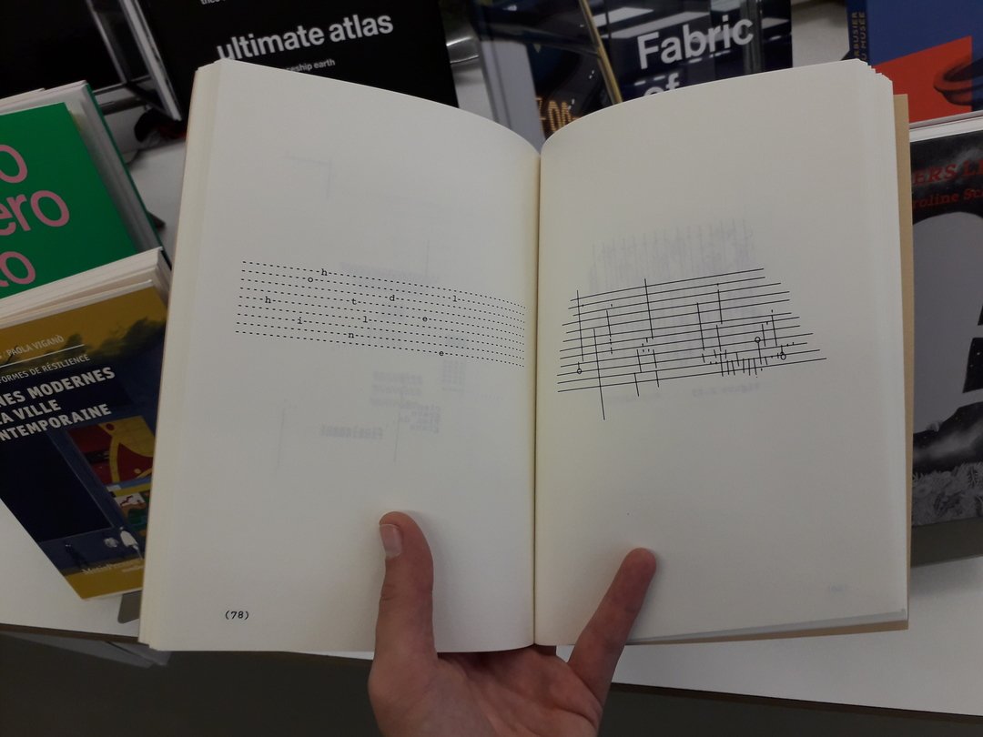 Image 37 : Double page avec des lettres dispersées dans des lignes de tirets et une sorte de partition en vis-à-vis