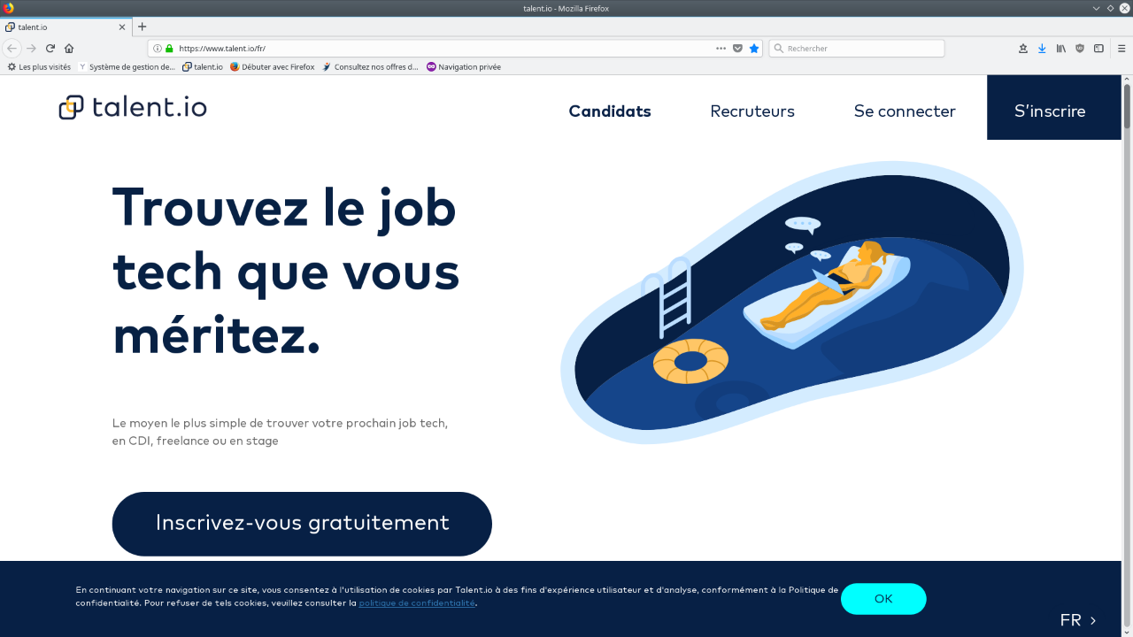 Page d'accueil du site talent.io avec pour slogan Trouvez le job tech que vous méritez