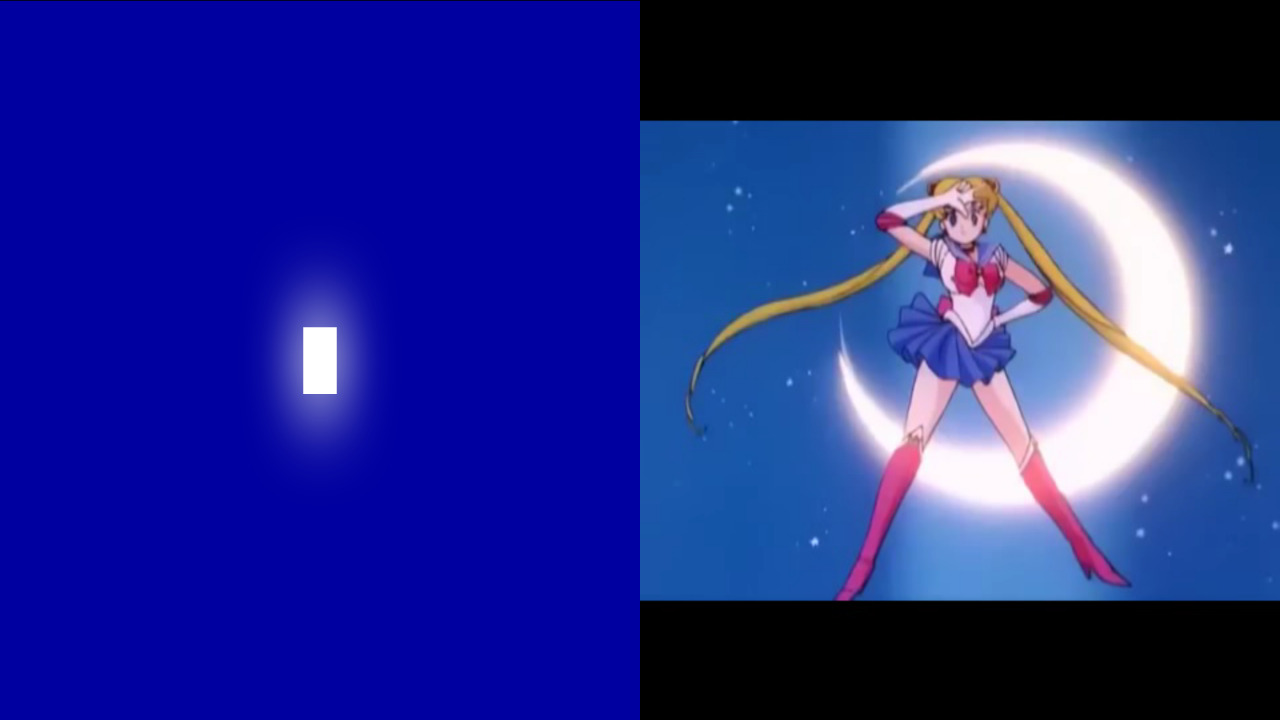 Image 3 : Rectangle lumineux flottant dans un fond bleu foncé et personnage en pose guerrière devant un croissant de lune