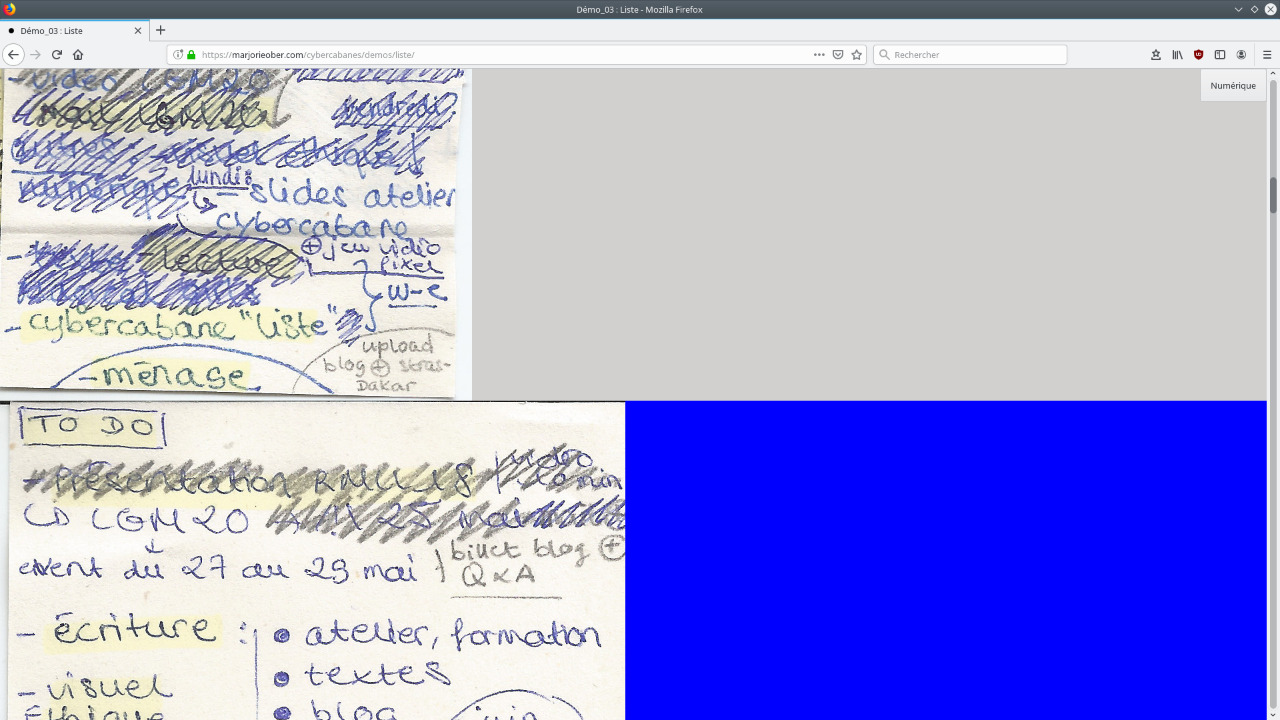 Page web avec des scans de post-it distingués avec des aplats de couleurs gris et bleu